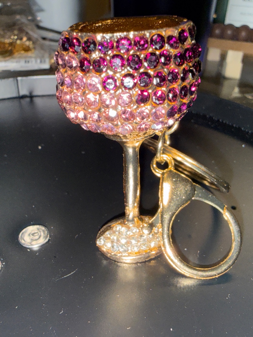 🌻Gold-tone Pink Crystal wine glass bag charm